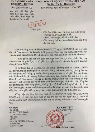 Về việc kéo dài thời gian nghỉ học của học sinh do dịch bệnh Covid-19 đến hết tháng 02/2020.
