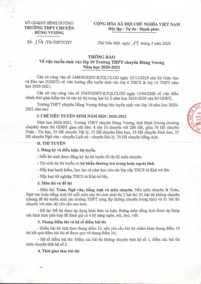Thông báo Tuyển sinh vào lớp 10 năm học 2020-2021 của trường THPT chuyên Hùng Vương
