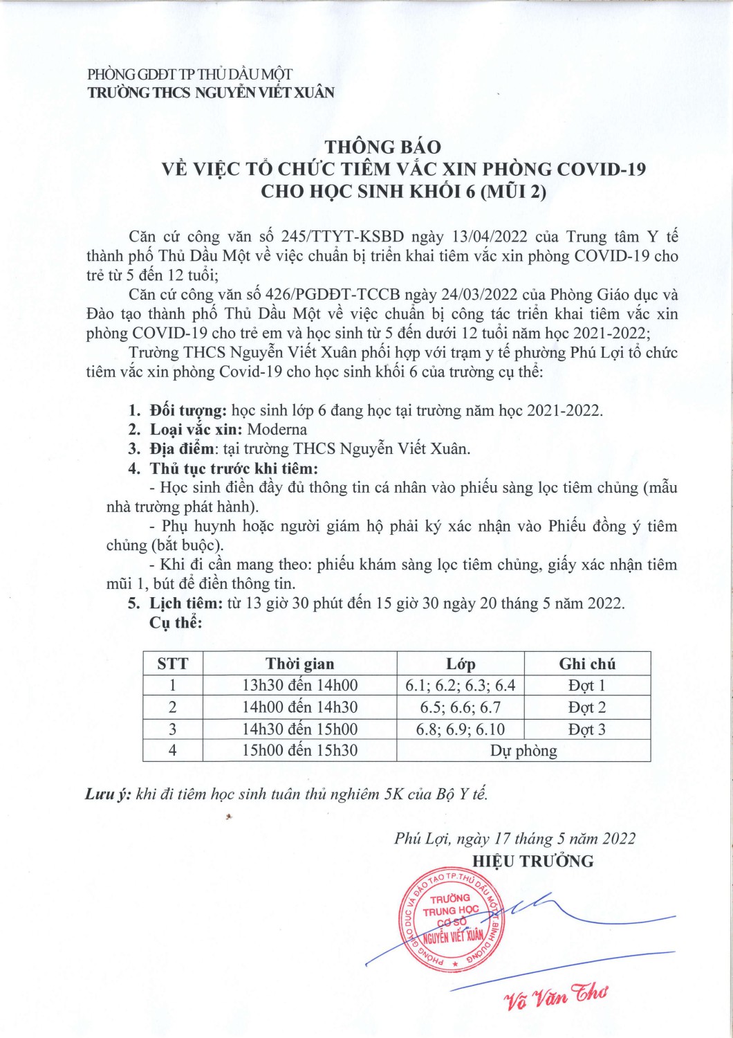 Thông báo tiêm vắc xin phòng Covid 19 khối 6 mũi 2