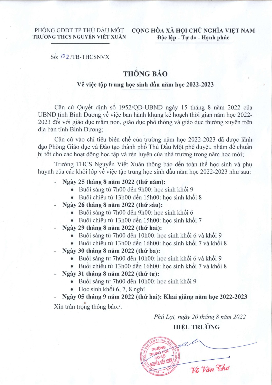 Thông báo tập trung học sinh đầu năm học 2022 2023