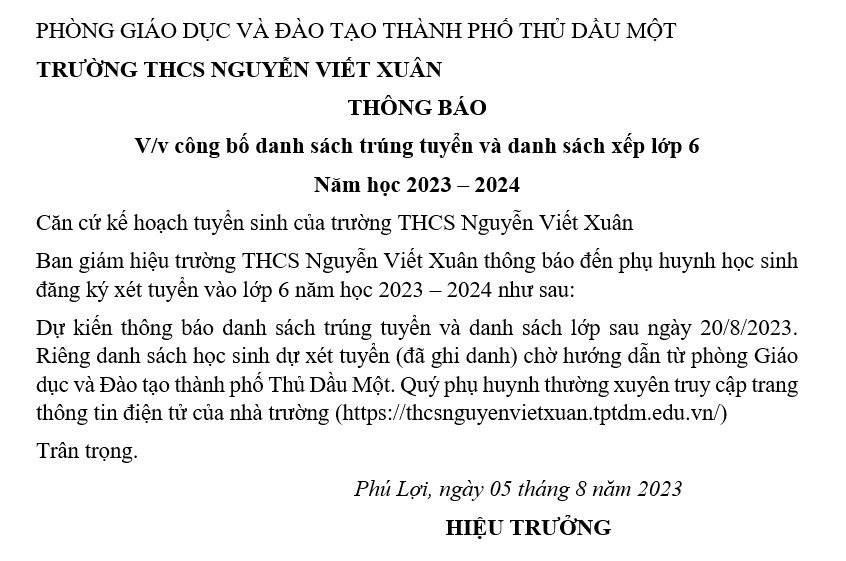 Thông báo thời gian xếp lớp 6, năm học 2023 - 2024