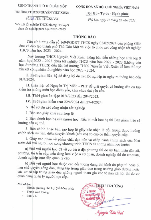tb hs hoc lại