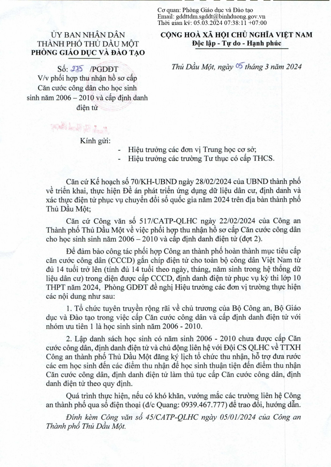 Van ban di 275 thu thap HS CCCD 05 03 2024 1 signed page 0001