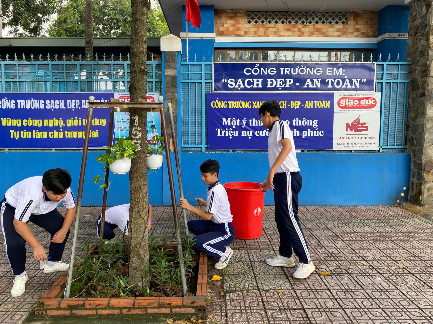 Học sinh chăm sóc cây xanh