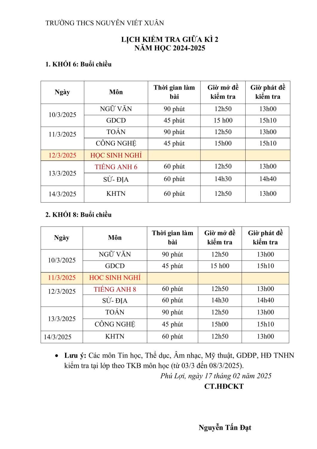 Lịch kiểm tra giữa kì 2 ( 24 25) hình ảnh 1
