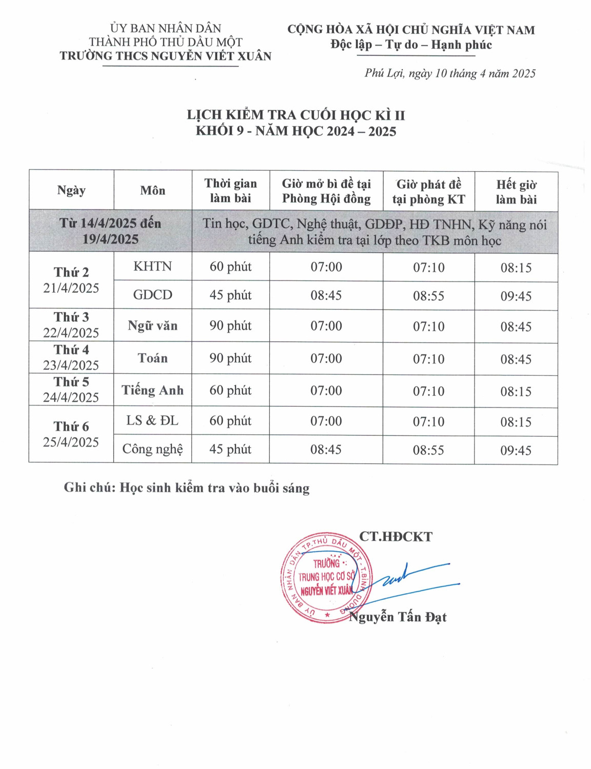 LICH KIEM TRA KHOI 9 HK 2
