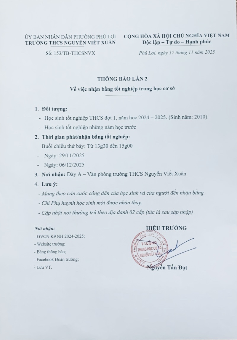 Thông báo về việc phát (nhận) bằng tốt nghiệp THCS lần 2