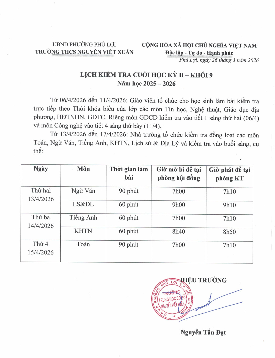 LỊCH KIEM TRA KHOI 9