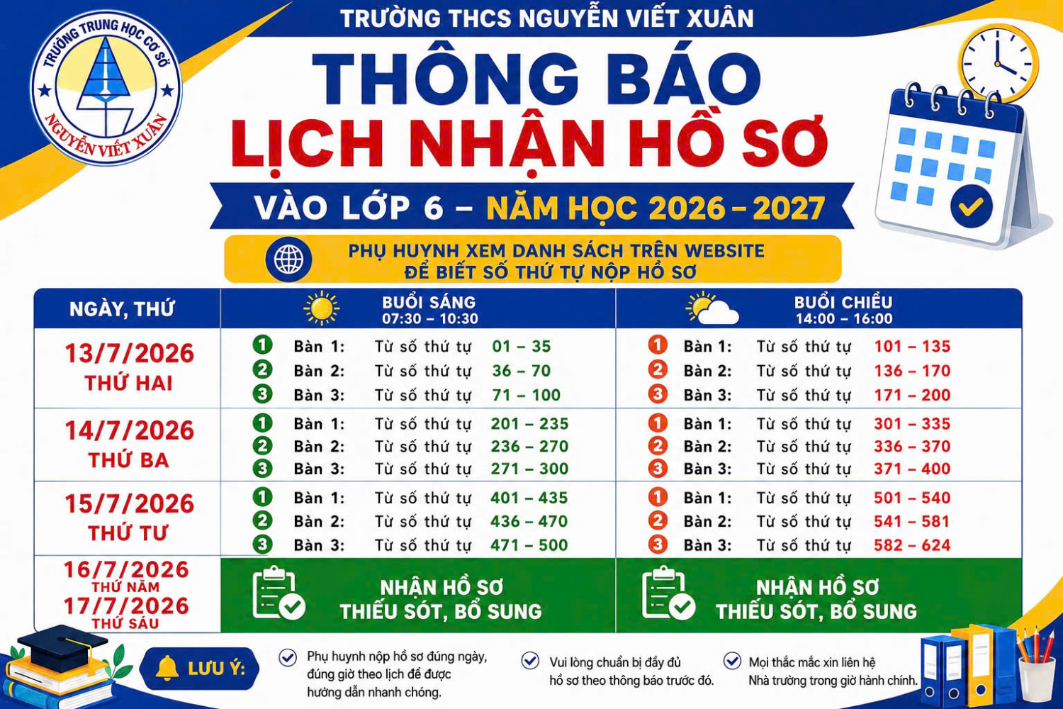 Thông báo lịch nhận hồ sơ tuyển sinh lớp 6